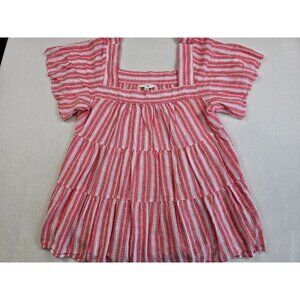 Terra & Sky Square Neck Red Coral & White Striped Tiered Linen Blend Blouse 1X